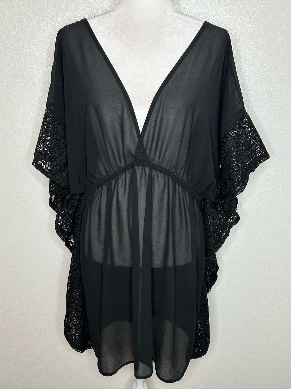 Xhilaration Black Sheer Lace-Trim Cover-Up